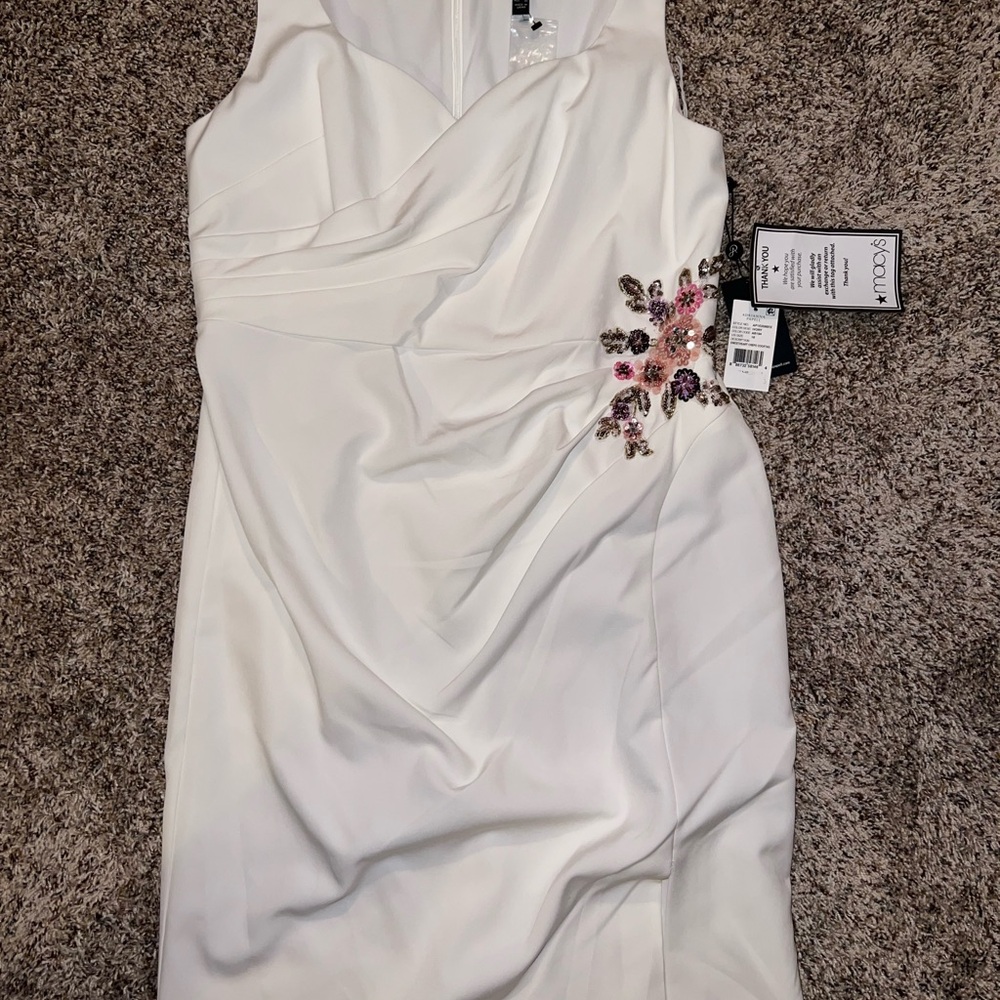 Adrianna Papell White Dress with Pink and Purple Floral Accents